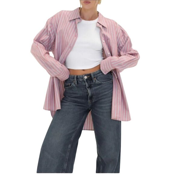 Rumored Ex-Boyfriend Nantucket Stripe Pink/White Women's S Long Sleeve Button Up - Picture 3 of 6